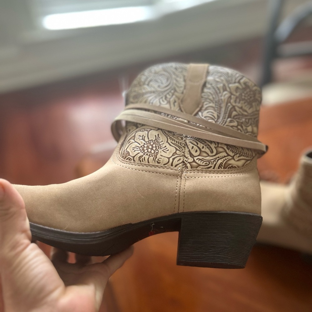 Tan Embossed Ankle Boots